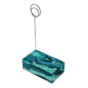Teal Gold Glitter Custom Name Place Card Holder