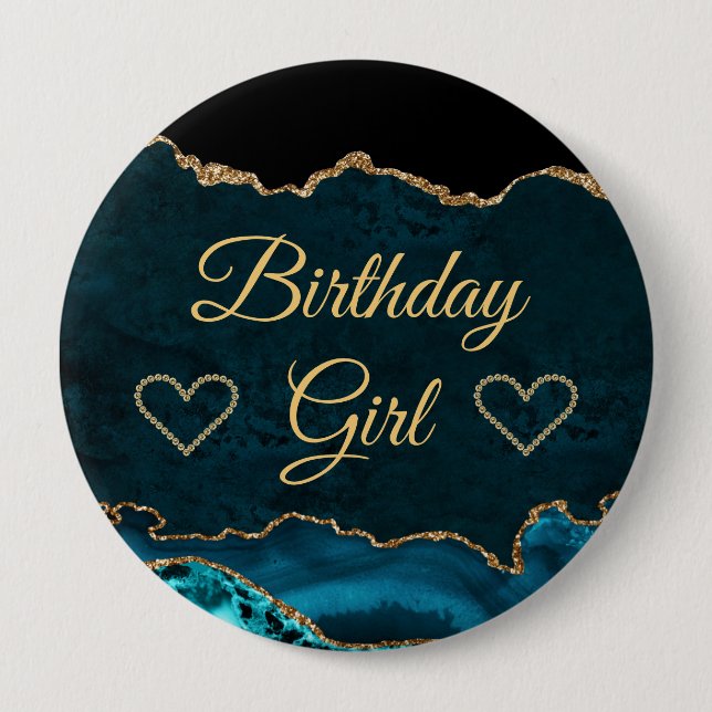 Teal & Gold Glitter Marble Agate Birthday Girl  Button (Front)