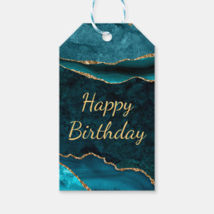 Teal & Gold Glitter Marble Agate Happy Birthday Gift Tags