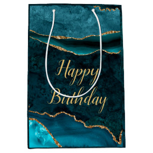 Teal & Gold Glitter Marble Agate Happy Birthday Medium Gift Bag