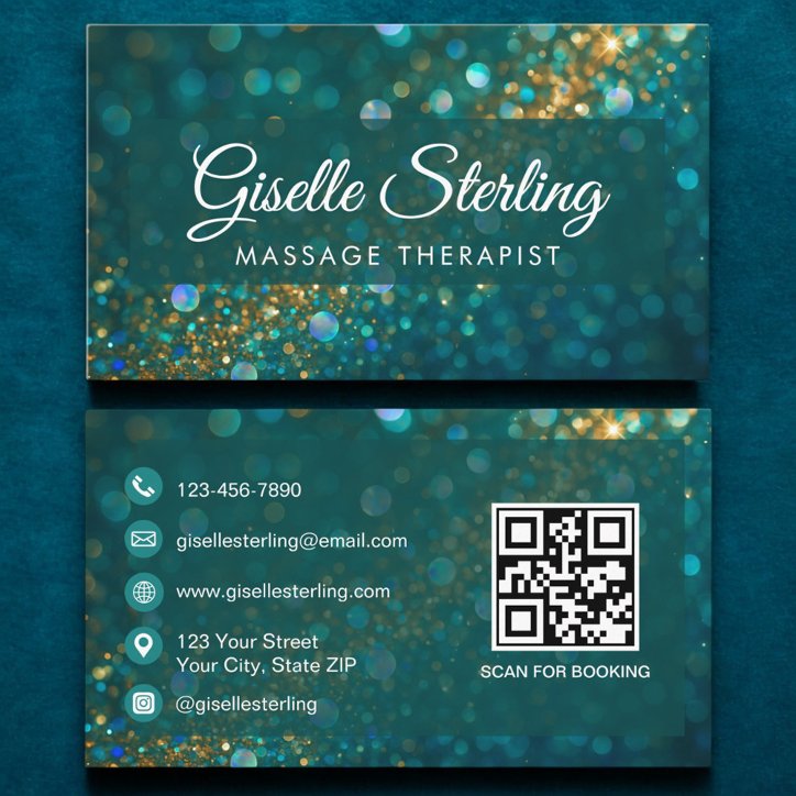 Teal Gold Glitter Opal Massage Therapist QR Code Business Card