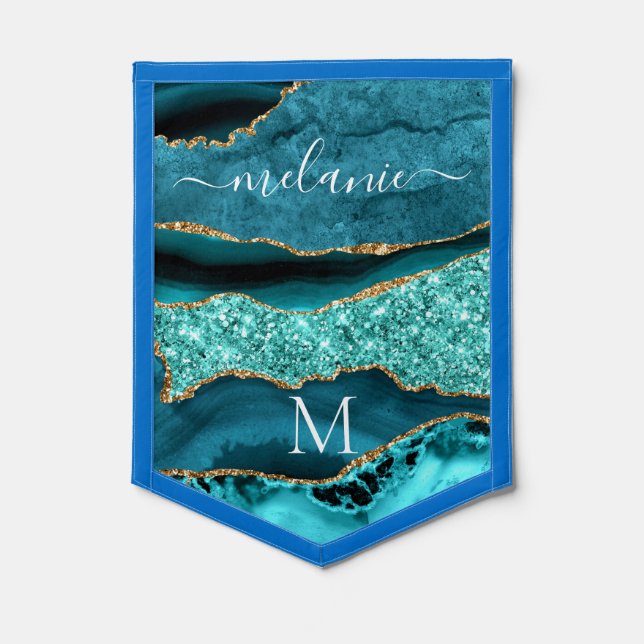 Teal Gold Glitter Pennant Personalized Name Letter (Front)