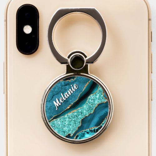 Teal Gold Glitter Phone Ring Stand Custom Name
