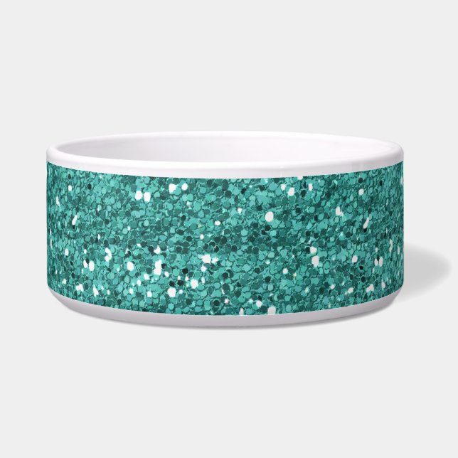Teal Gold Glitter Sparkle Chic Pet Dog Bowl (Front)