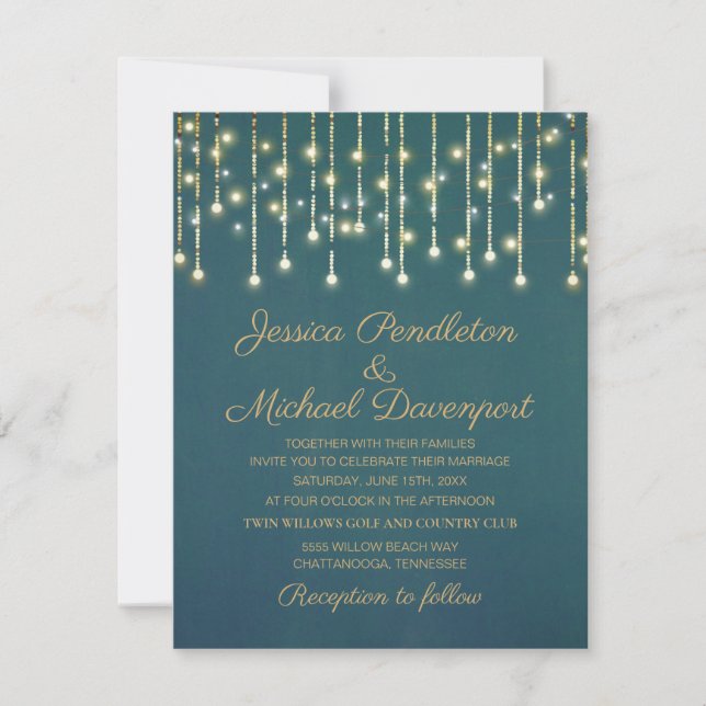 Teal Gold Glitter String Fairy Light Wedding Invitation (Front)