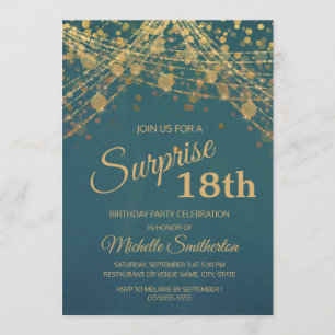 Teal Gold Glitter String Lights 18th Birthday Invitation