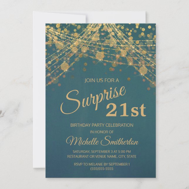 Teal Gold Glitter String Lights 21st Birthday Invitation (Front)