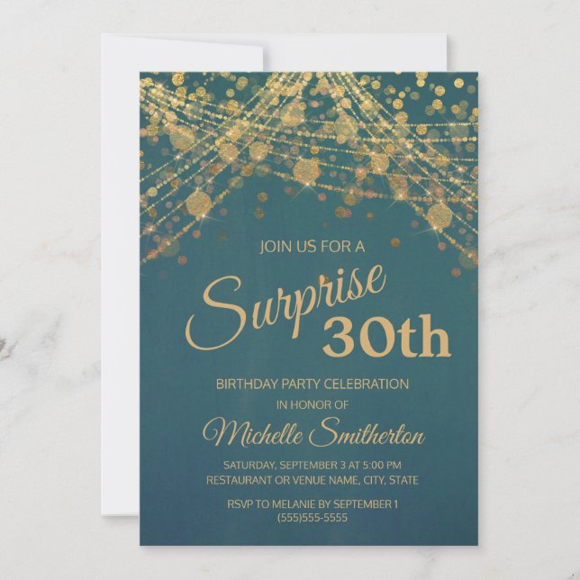 Teal Gold Glitter String Lights 30th Birthday Invitation (Front)