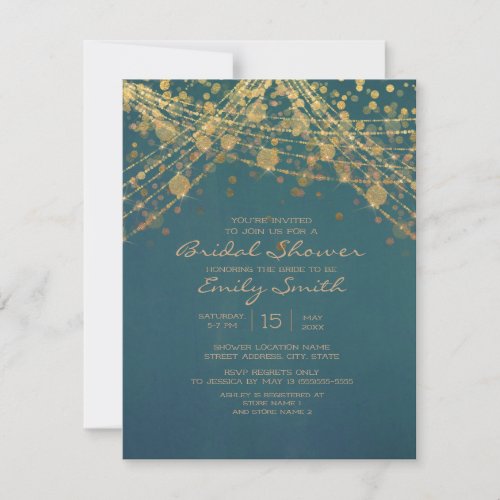 Teal Gold Glitter String Lights Bridal Shower Invitation