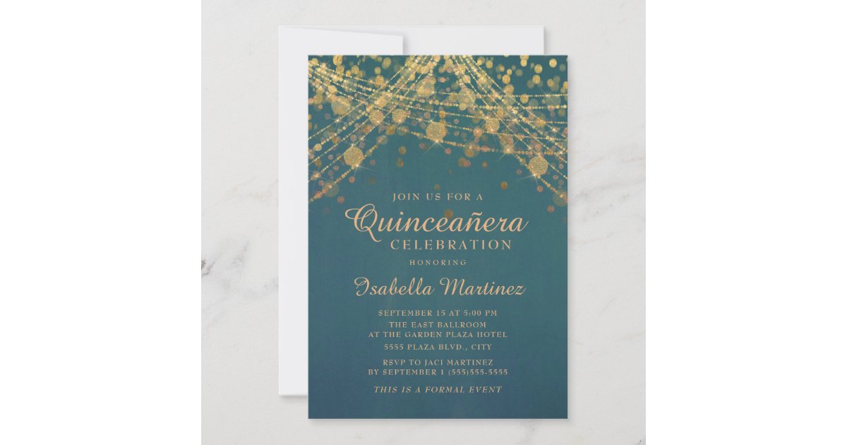 Teal Gold Glitter String Lights Quinceañera Invitation 5756