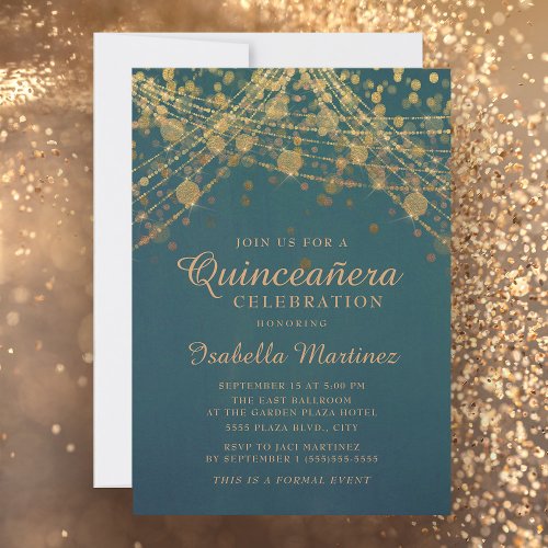 Teal Gold Glitter String Lights Quinceaera Invitation