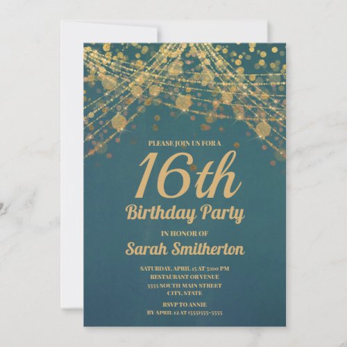 Teal Gold Glitter String Lights Sweet 16 Birthday Invitation