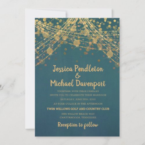 Teal Gold Glitter String Lights Wedding Invitation