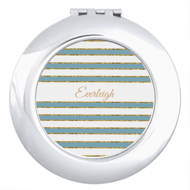  Teal Gold Glitter Striped Monogram Compact Mirror (Front)