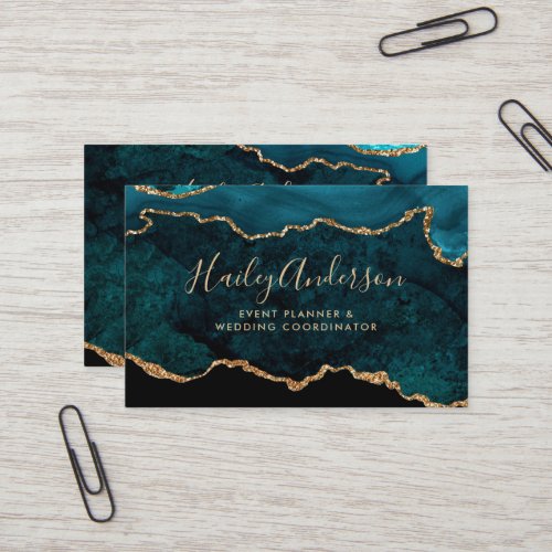 Teal  Gold Glitter Watercolor Gilded Agate Business Card