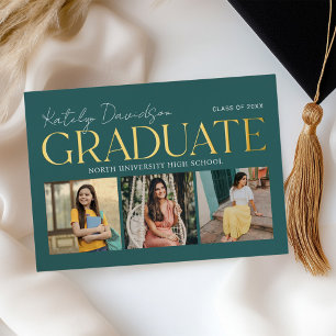 Teal Gold Graduate Photo Collage Grad Party Foil Invitation