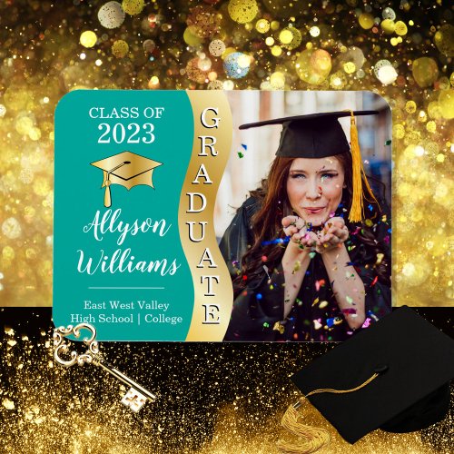 Teal  Gold Graduate Wave Grad Cap Photo Magnet