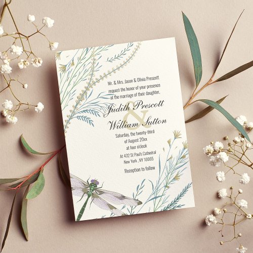 Teal Gold Green Dragonfly Painting Floral Wedding Invitation