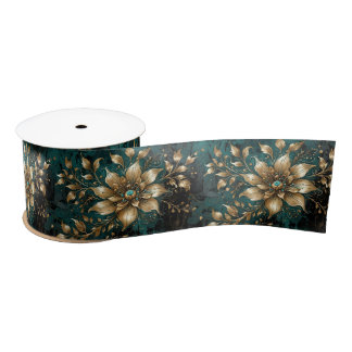 Teal & Gold Grunge Florals Satin Ribbon