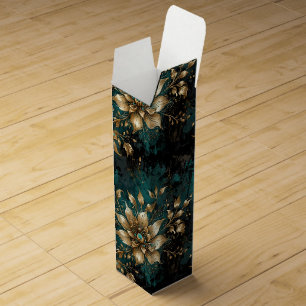 Teal & Gold Grunge Florals Wine Box