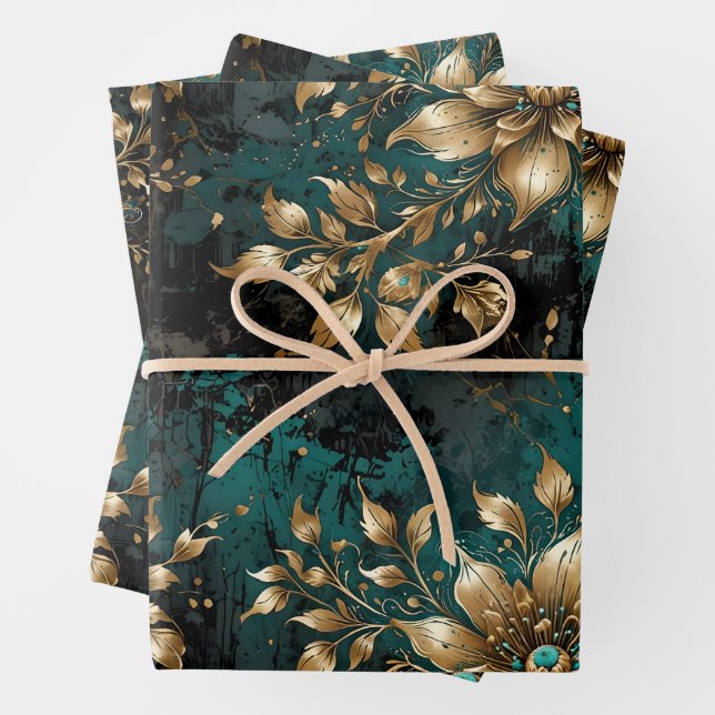 Teal & Gold Grunge Florals Wrapping Paper Sheets (In situ)