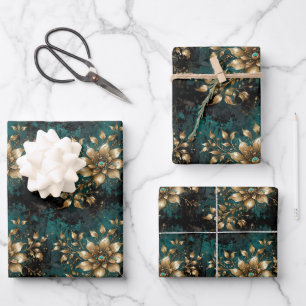 Teal & Gold Grunge Florals Wrapping Paper Sheets