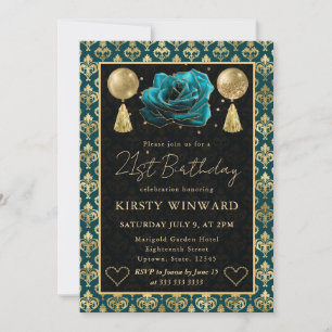Teal & Gold Heart Damask & Rose 21st Birthday Invitation