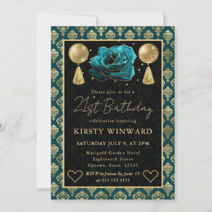 Teal & Gold Heart Damask & Rose 21st Birthday Invitation