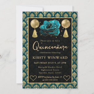 Teal & Gold Heart Damask & Rose Quinceanera Invitation