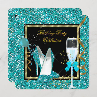 Teal Gold High Heels Glitter Birthday Black Invitation