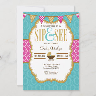Teal Gold Hot Pink Sip And See Invitation
