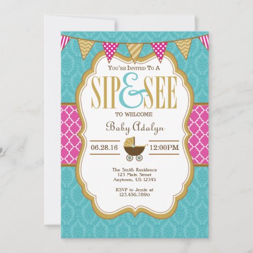 Teal Gold Hot Pink Sip And See Invitation