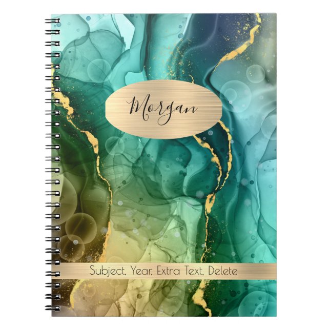 Teal & Gold Ink Abstract, Name/Subject Notebook (Front)