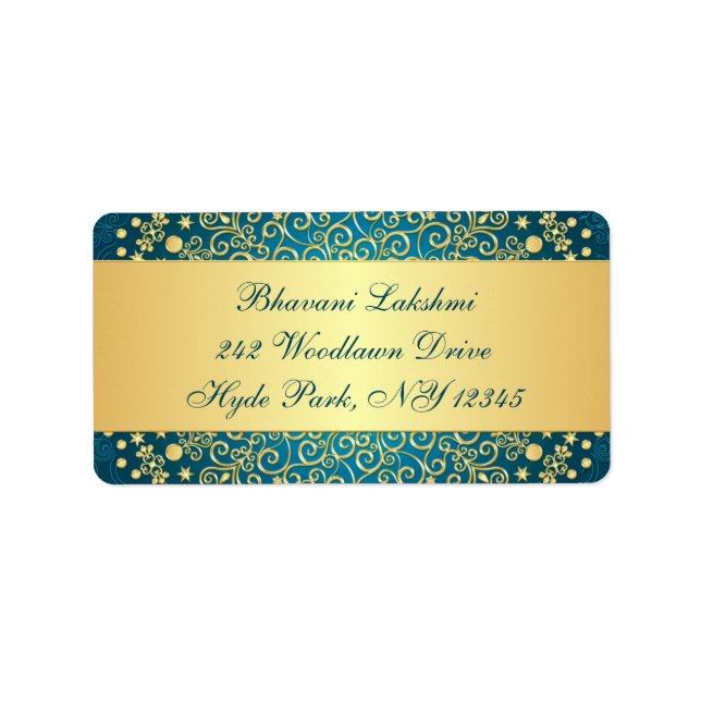 Teal, Gold Intricate Scrolls Return Address Label (Front)