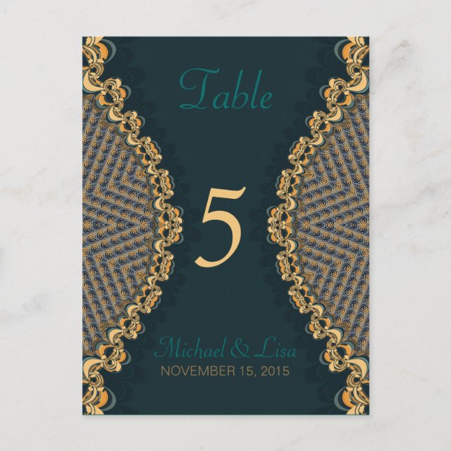 Teal+Gold Lace Guest Table Number & Menu (Front)