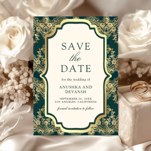 Teal Gold Lace Indian Wedding Save The Date