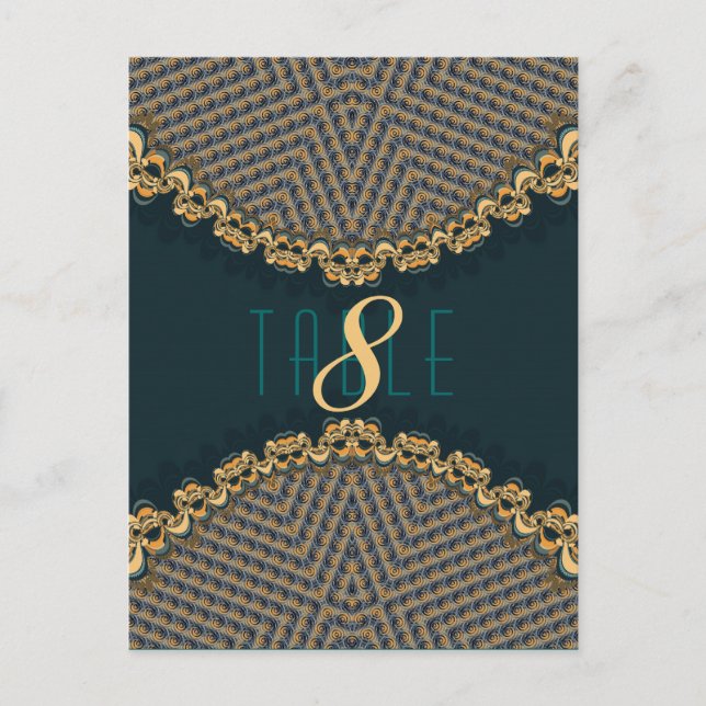 Teal+Gold Lace Pattern Reception Table Number & Me (Front)