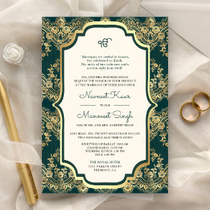 Teal Gold Lace QR Code Anand Karaj Sikh Wedding Invitation