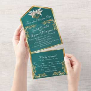 Teal, Gold Leaves, Doves & Heart All In One Invitation