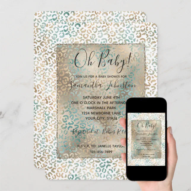 Teal Gold Leopard Print Baby Shower Invitation Zazzle