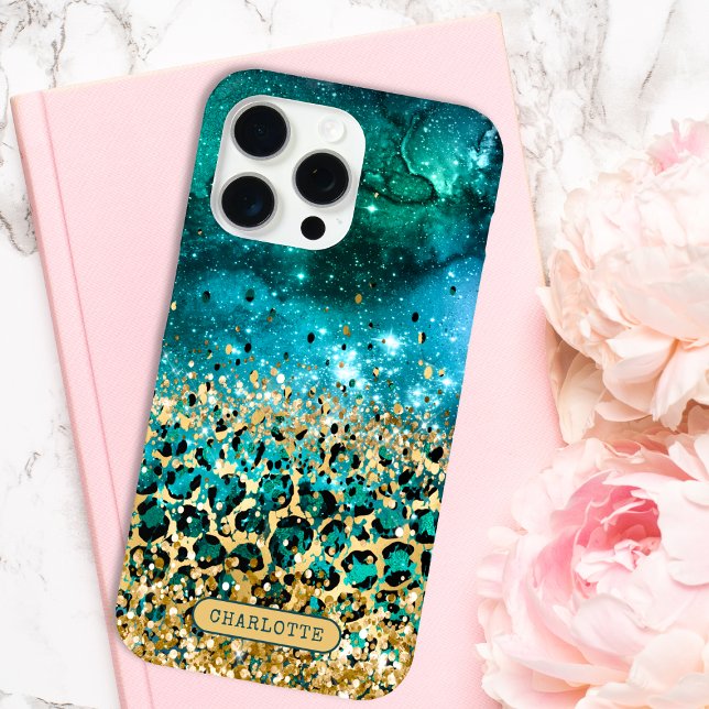 Teal Gold Leopard Print  Galaxy Personalized Name Case-Mate iPhone Case (Creator Uploaded)
