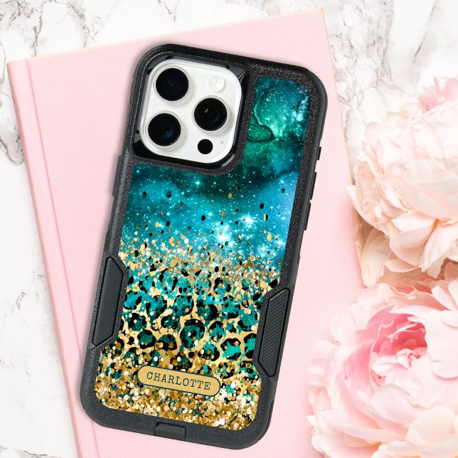 Teal Gold Leopard Print  Galaxy Personalized Name iPhone 15 Pro Max Case (Creator Uploaded)