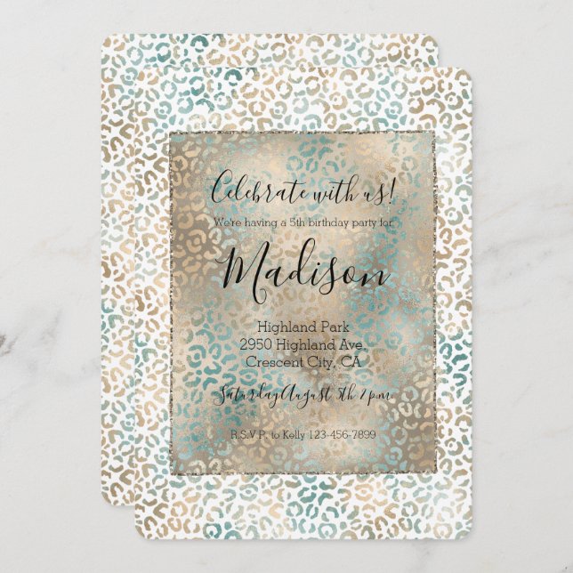 Teal Gold Leopard Print Invitation (Front/Back)
