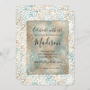 Teal Gold Leopard Print Invitation