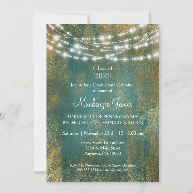Teal Gold Lights Graduation Party Invitation (Front)