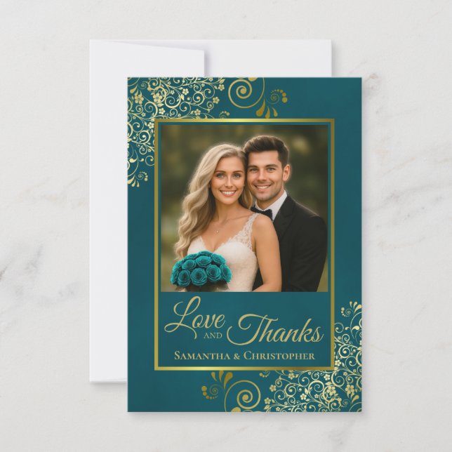 Teal & Gold Love & Thanks Photo & Note Wedding Thank You Card (Front)