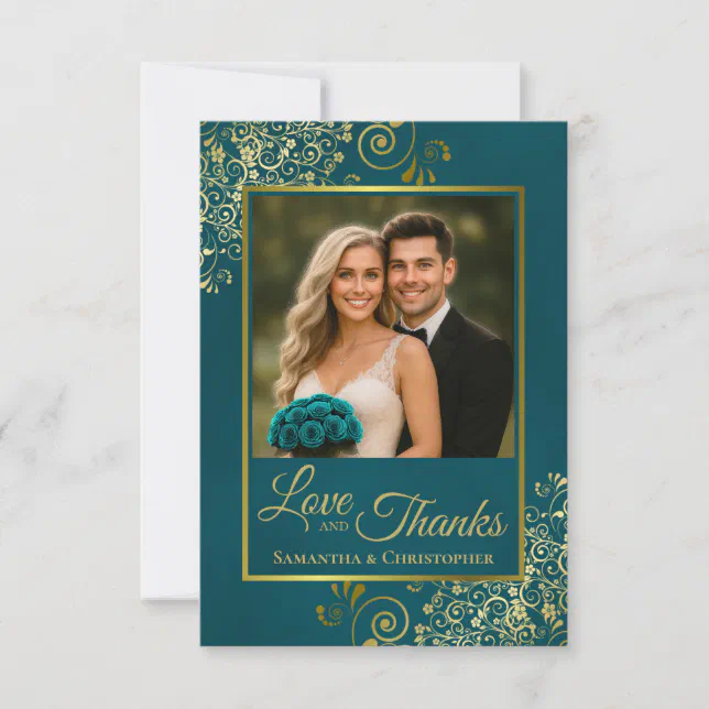 Teal & Gold Love & Thanks Photo & Note Wedding Thank You Card | Zazzle