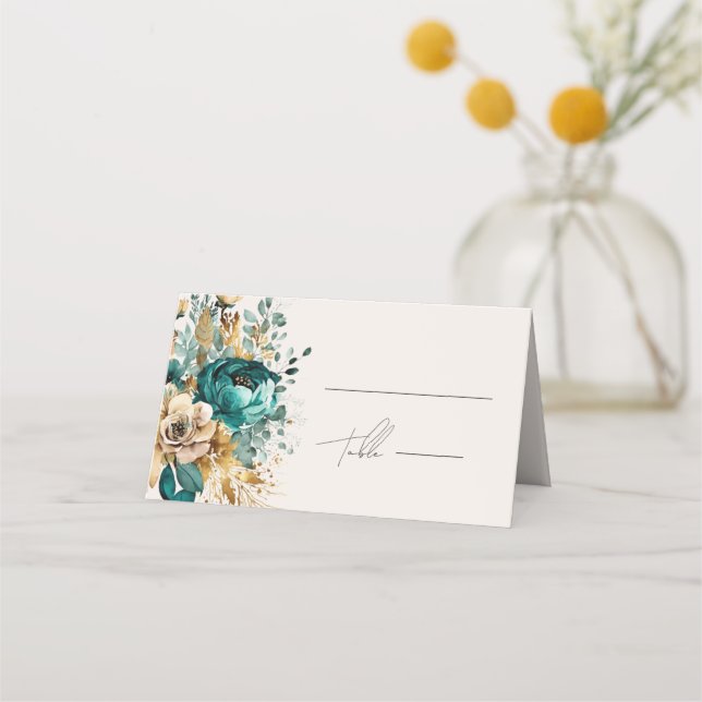 Teal Gold Luxe Floral Wedding Place Card (Front)