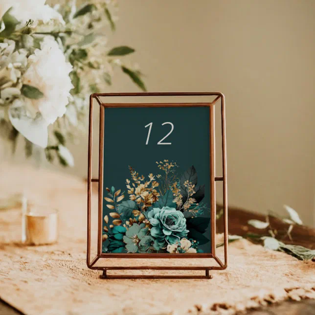 Teal Gold Luxe Floral Wedding Table Card
