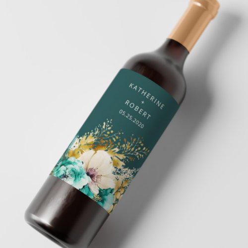 Teal Gold Luxurious Floral Wedding Wine Label Set